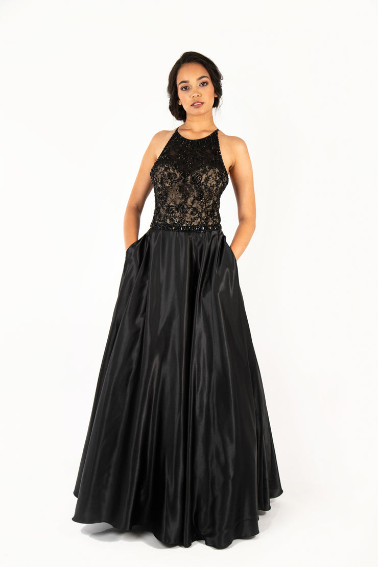 'BLAIRE' Beaded High Neck Satin Aline with Pockets | Black