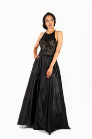 'BLAIRE' Beaded High Neck Satin Aline with Pockets | Black