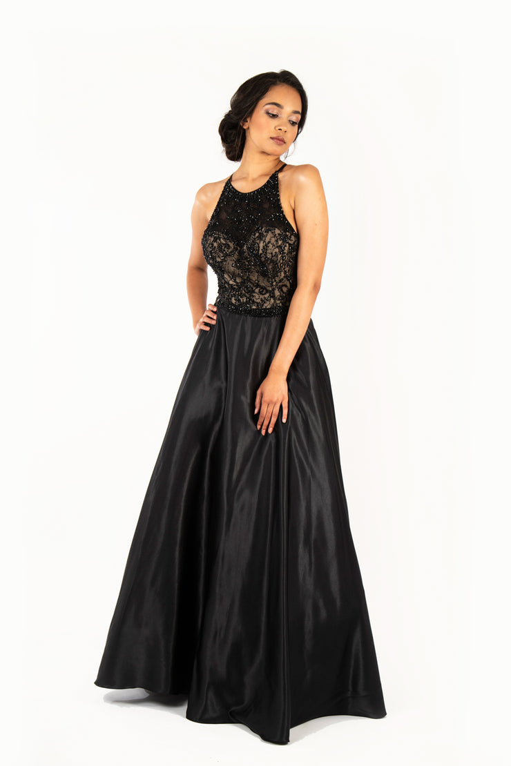 'BLAIRE' Beaded High Neck Satin Aline with Pockets | Black