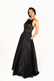 'BLAIRE' Beaded High Neck Satin Aline with Pockets | Black