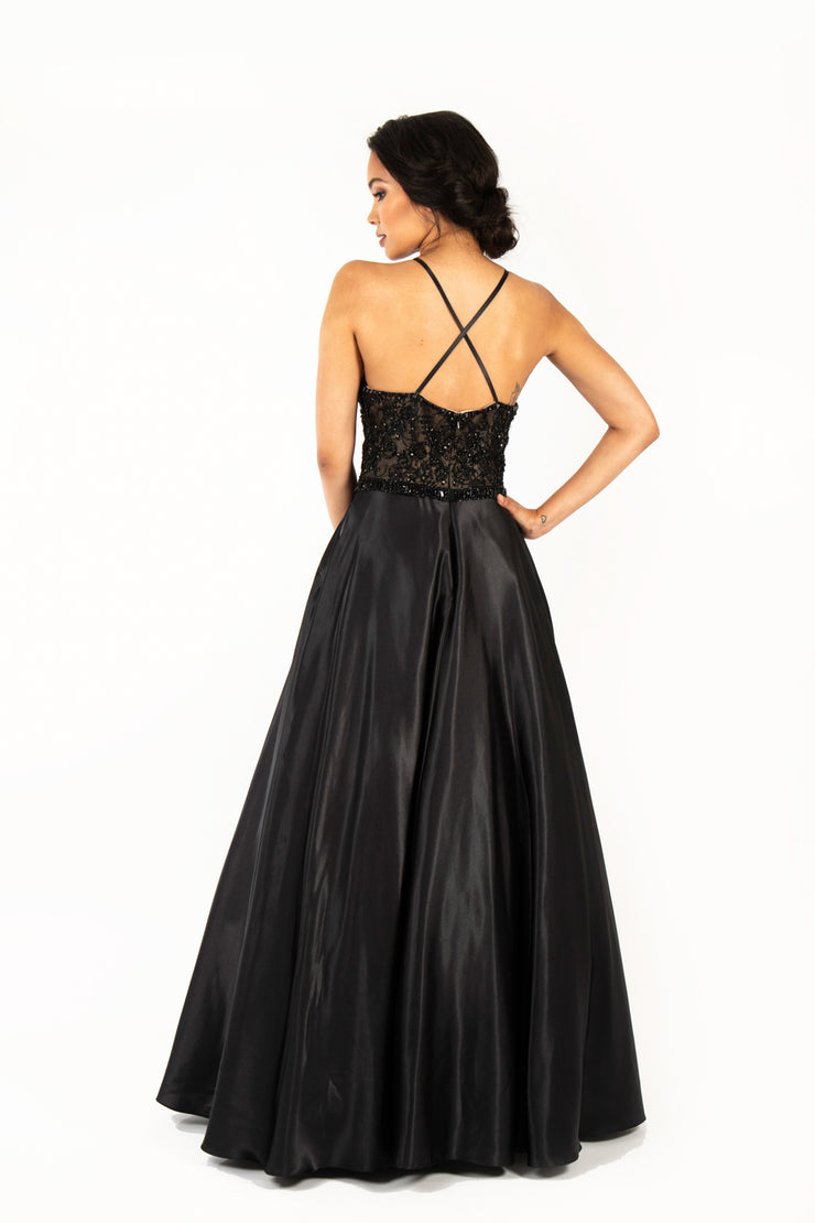 'BLAIRE' Beaded High Neck Satin Aline with Pockets | Black