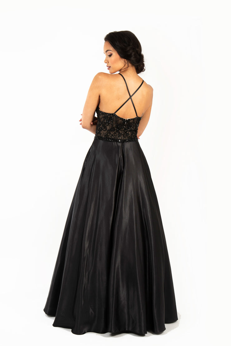 'BLAIRE' Beaded High Neck Satin Aline with Pockets | Black