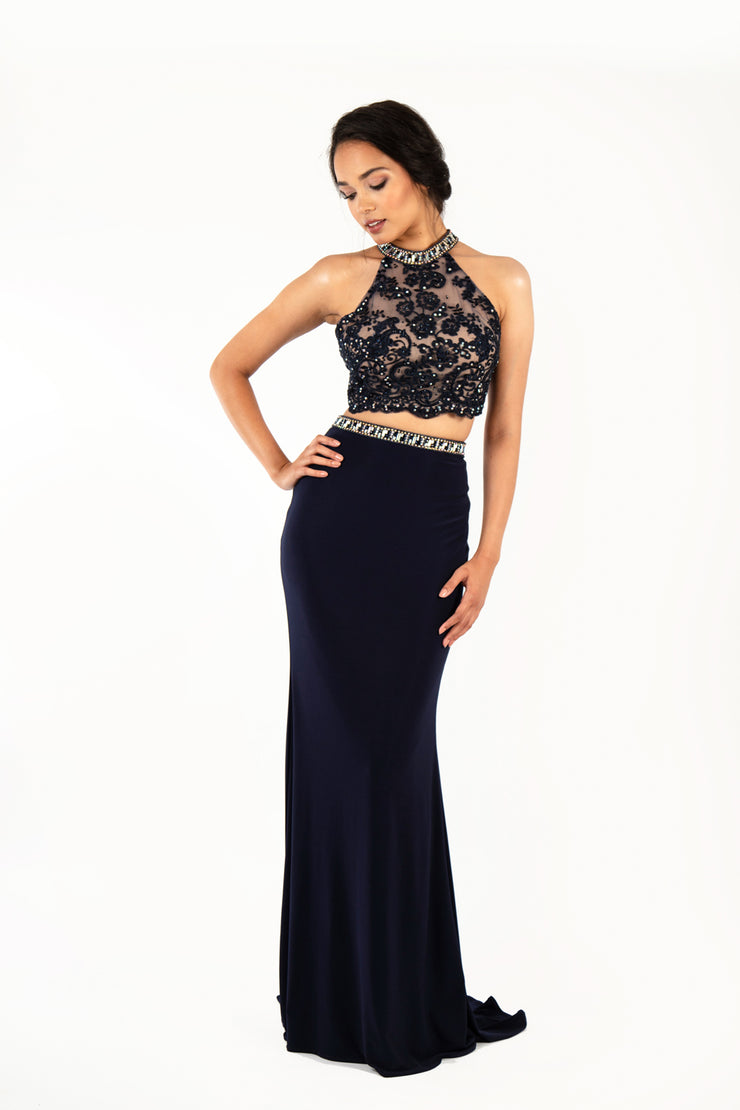 'ZARA' Beaded Lace High Neck Jersey Fitted Two-Piece | Navy