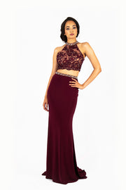 'ZARA' Beaded Lace High Neck Jersey Fitted Two-Piece | Maroon