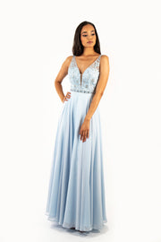 'JASMINE' Beaded Embroidery V-Mesh Chiffon Empire | Baby Blue