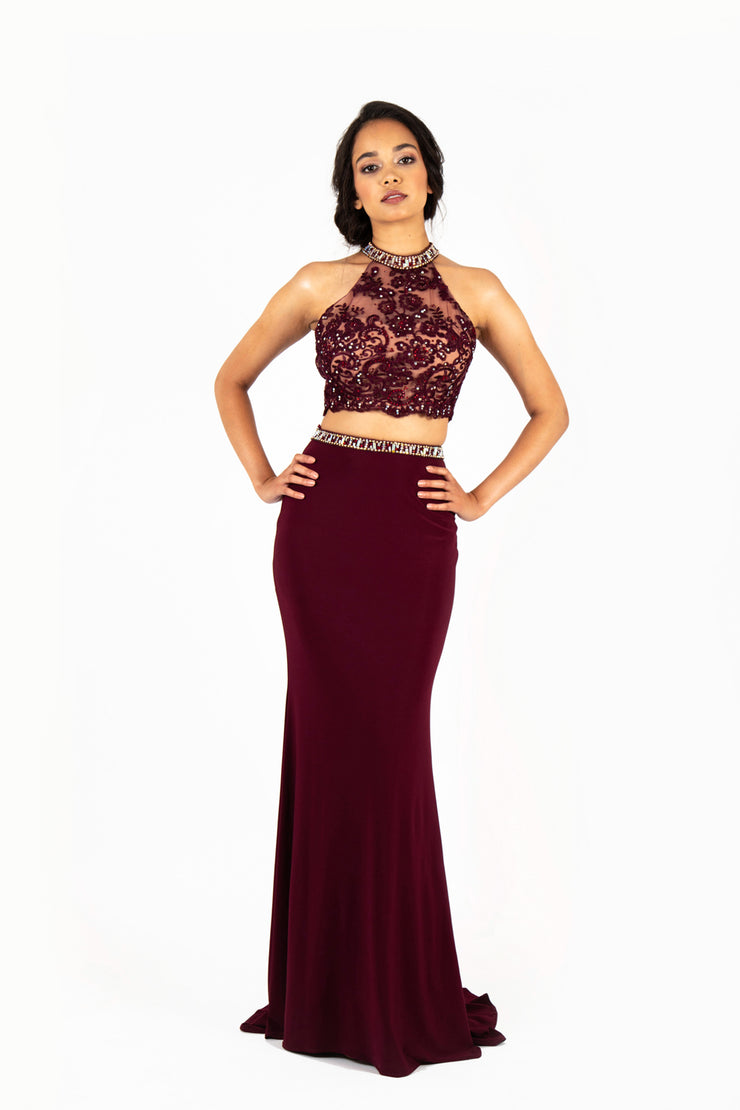 'ZARA' Beaded Lace High Neck Jersey Fitted Two-Piece | Maroon