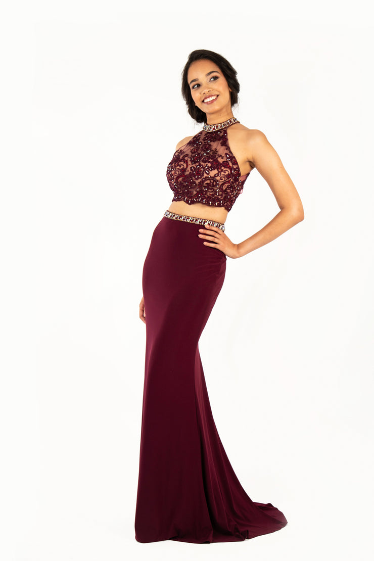 'ZARA' Beaded Lace High Neck Jersey Fitted Two-Piece | Maroon