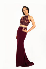 'ZARA' Beaded Lace High Neck Jersey Fitted Two-Piece | Maroon