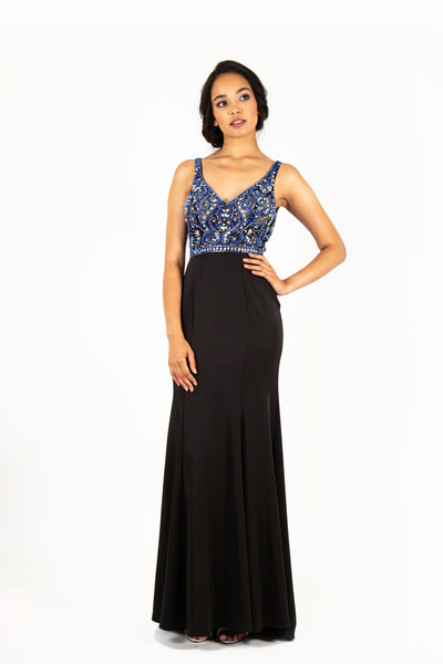 'DIANA' Beaded Bodice Jersey Fitted Dress | Black/Blue