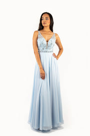 'JASMINE' Beaded Embroidery V-Mesh Chiffon Empire | Baby Blue