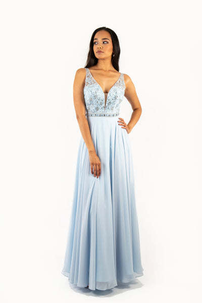 'JASMINE' Beaded Embroidery V-Mesh Chiffon Empire | Baby Blue