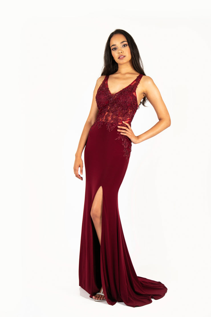 'BELLA' Beaded Lace Open Back Fitted Gown | Burgundy