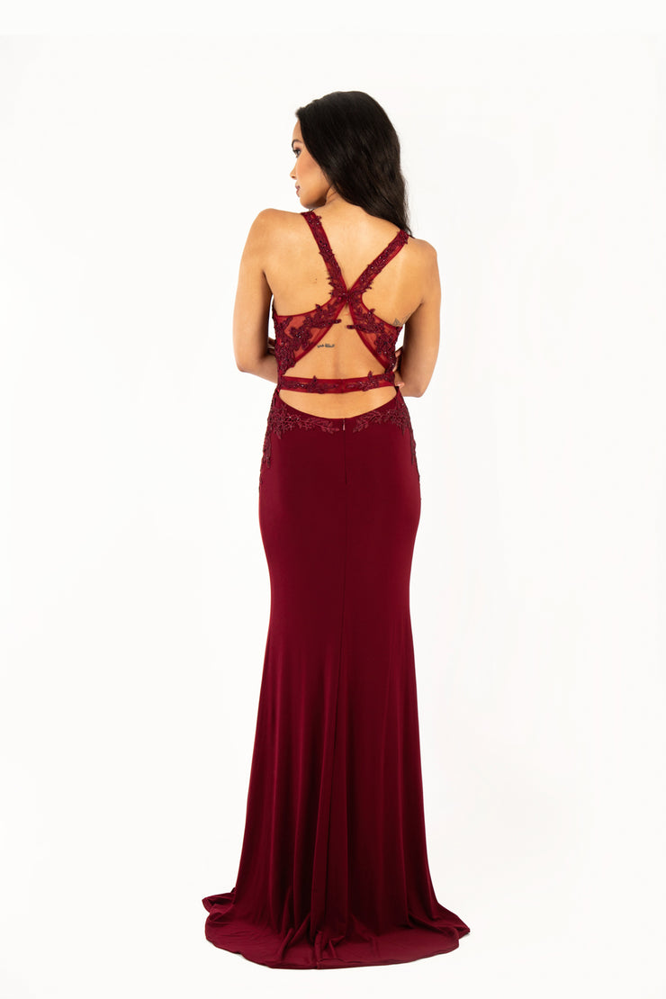 'BELLA' Beaded Lace Open Back Fitted Gown | Burgundy