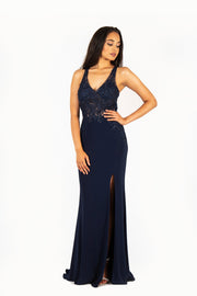 'BELLA' Beaded Lace Applique Open Back Fitted Gown | Navy