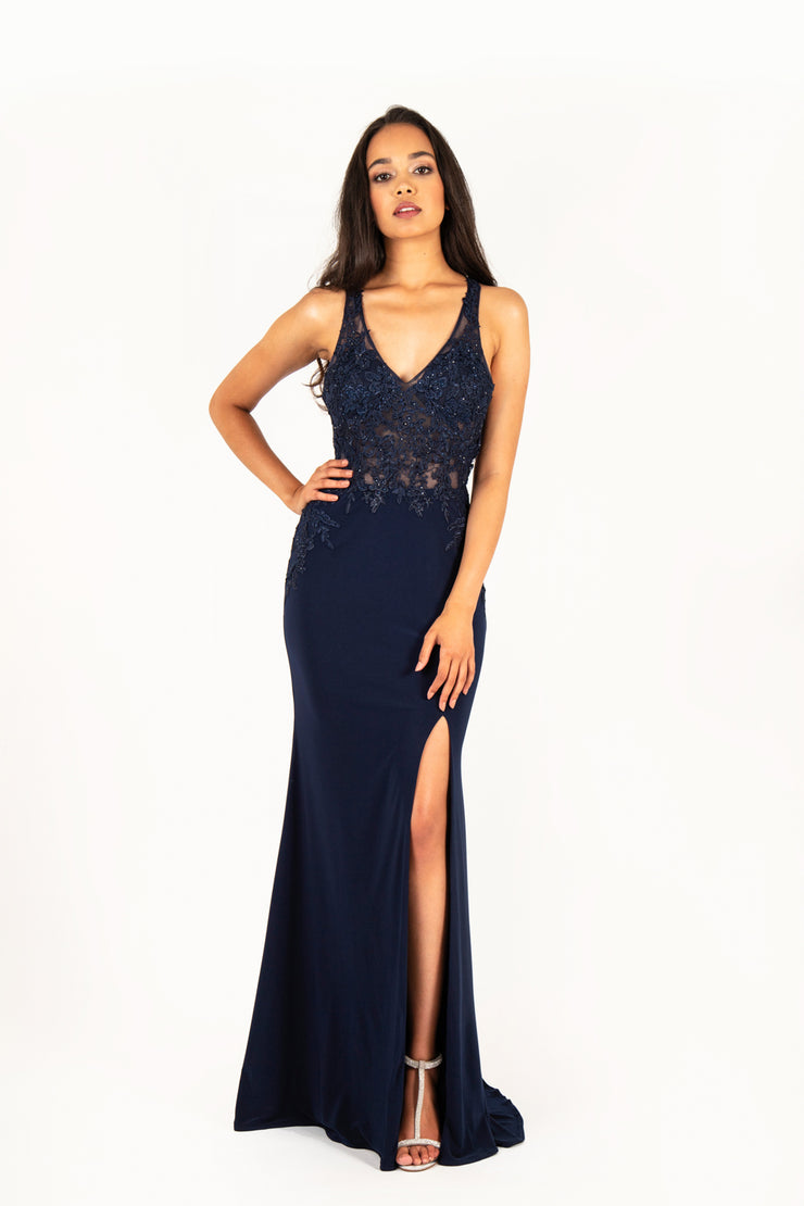 'BELLA' Beaded Lace Applique Open Back Fitted Gown | Navy