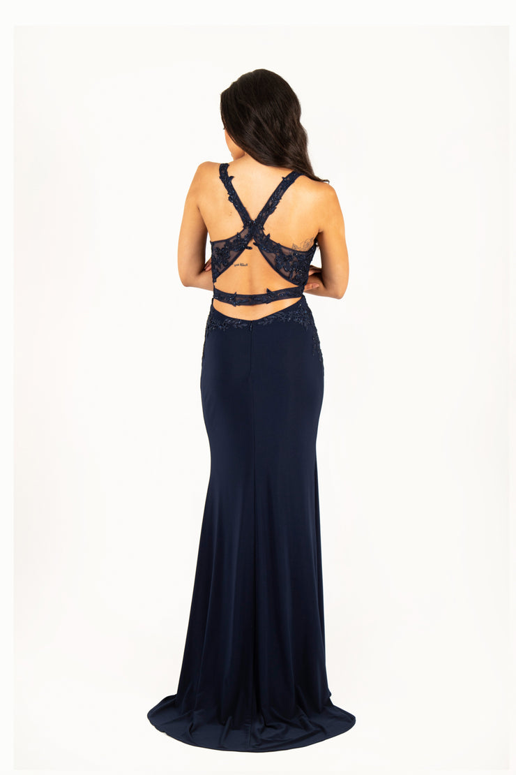 'BELLA' Beaded Lace Applique Open Back Fitted Gown | Navy