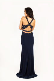 'BELLA' Beaded Lace Applique Open Back Fitted Gown | Navy