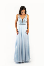 'JASMINE' Beaded Embroidery V-Mesh Chiffon Empire | Baby Blue