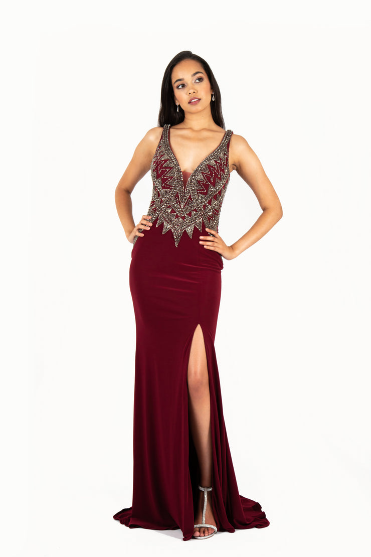 'XENIA' Beaded Jersey Fitted Open Back Dress | Burgundy