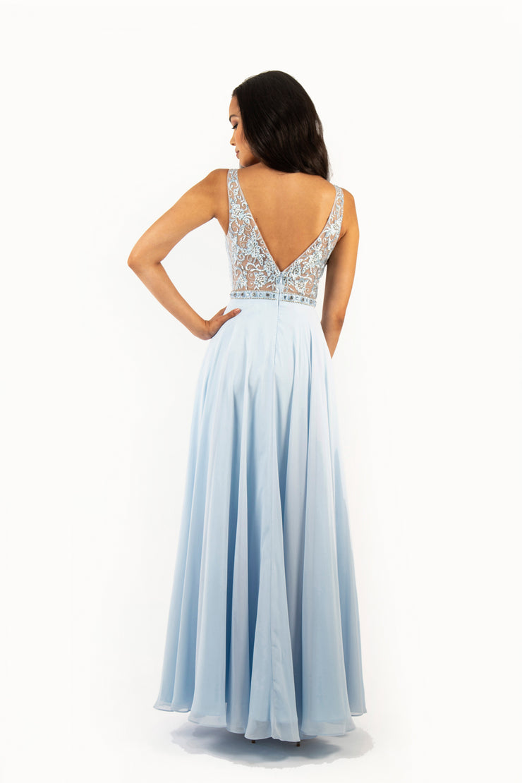 'JASMINE' Beaded Embroidery V-Mesh Chiffon Empire | Baby Blue