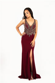 'XENIA' Beaded Jersey Fitted Open Back Dress | Burgundy