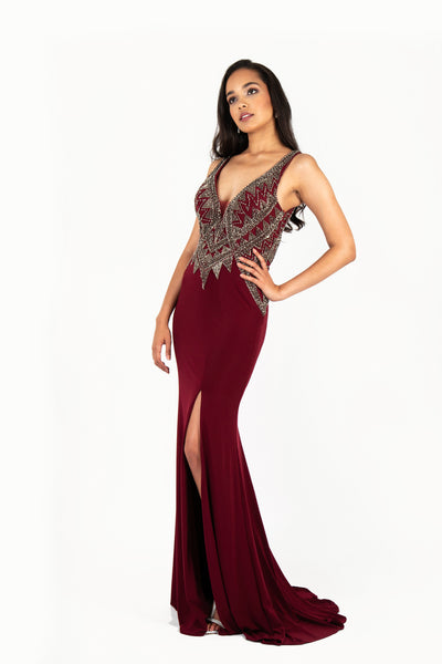 'XENIA' Beaded Jersey Fitted Open Back Dress | Burgundy
