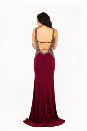 'XENIA' Beaded Jersey Fitted Open Back Dress | Burgundy