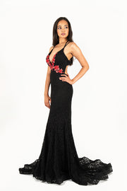 'CHARLOTTE' Floral Lace Open Back Fitted Mermaid Train | Black