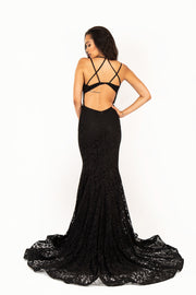 'CHARLOTTE' Floral Lace Open Back Fitted Mermaid Train | Black