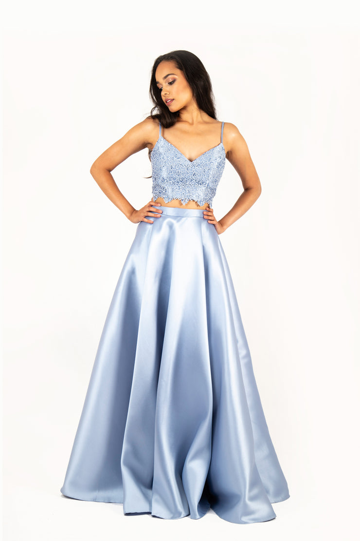 'ALICE' Lace Applique Two-Piece Satin Aline | Baby Blue