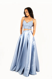 'ALICE' Lace Applique Two-Piece Satin Aline | Baby Blue