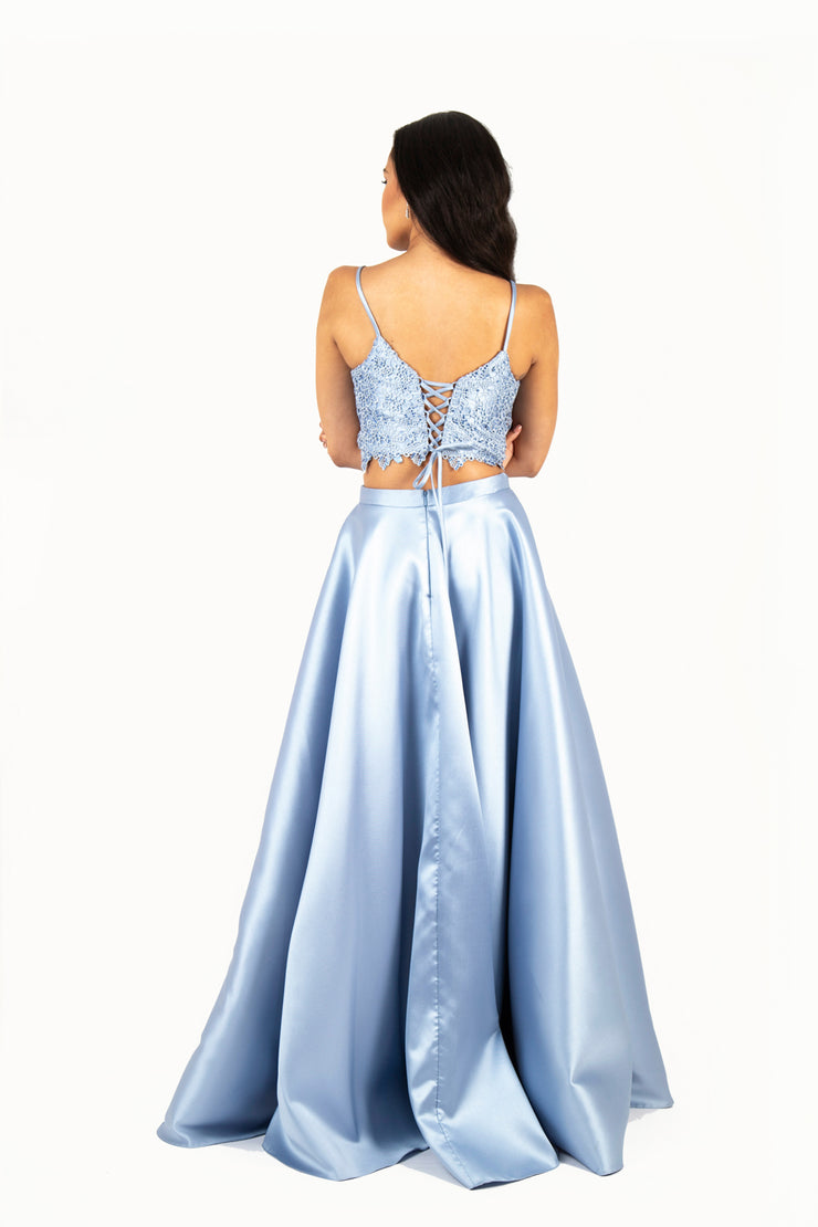 'ALICE' Lace Applique Two-Piece Satin Aline | Baby Blue