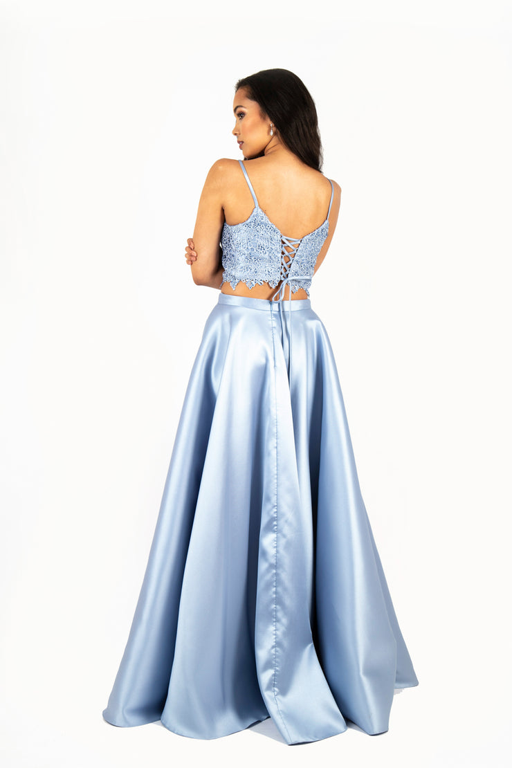 'ALICE' Lace Applique Two-Piece Satin Aline | Baby Blue