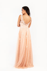 'CLAIRE' Lace Applique Tulle Empire | Peach Pink