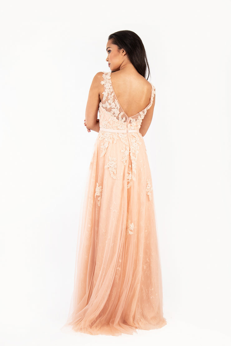 'CLAIRE' Lace Applique Tulle Empire | Peach Pink