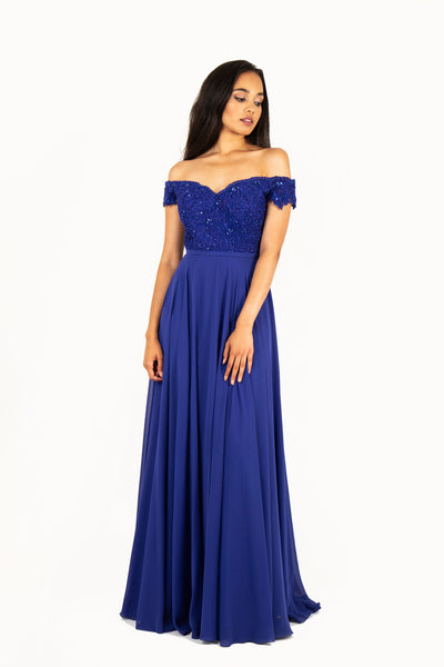 'THEA' Lace Applique Sleeve Chiffon Empire | Royal Blue