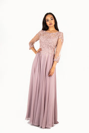 'AISHA' Lace Applique Sleeve Chiffon Empire | Mauve