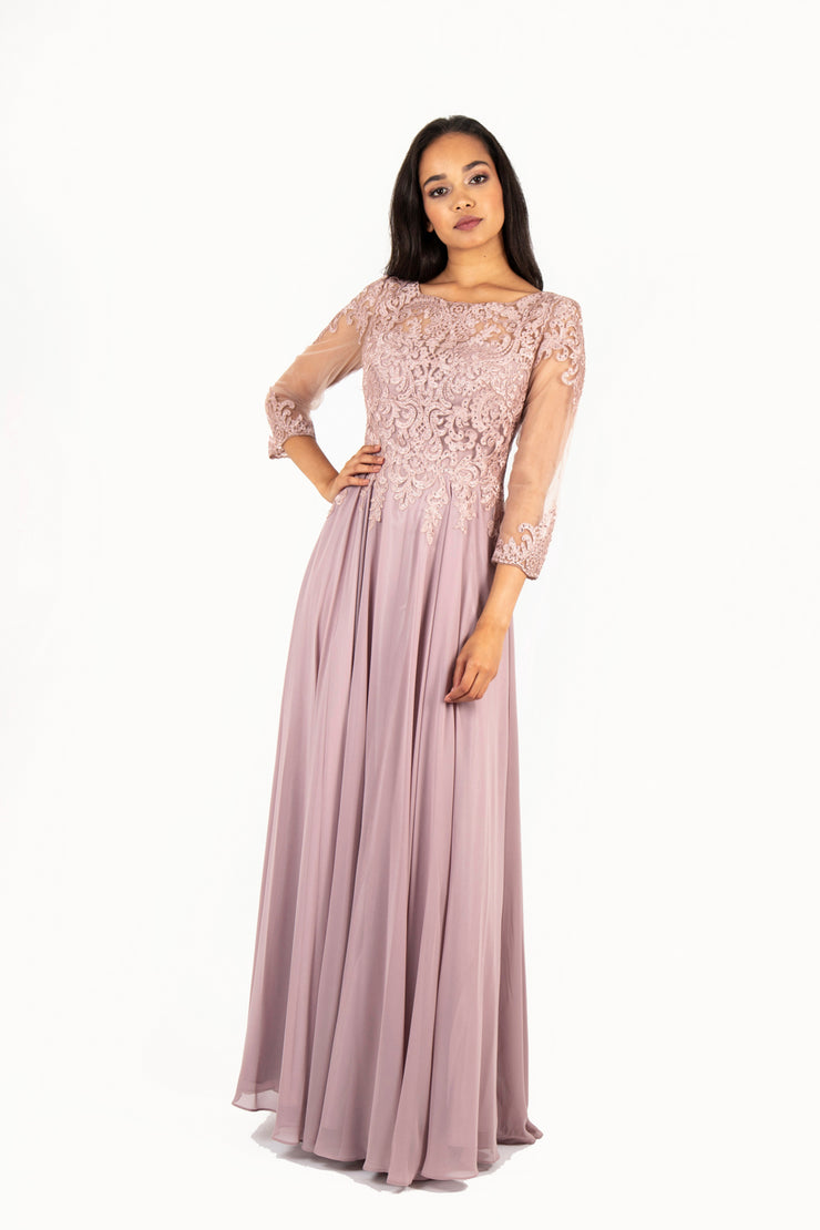 'AISHA' Lace Applique Sleeve Chiffon Empire | Mauve