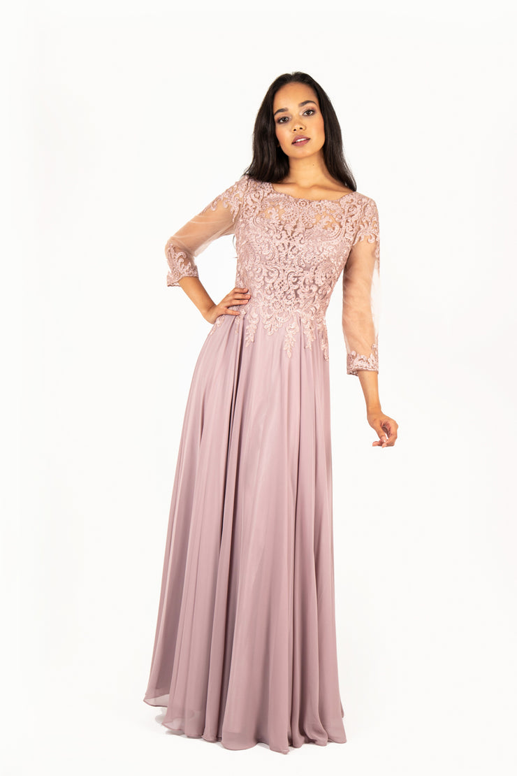 'AISHA' Lace Applique Sleeve Chiffon Empire | Mauve