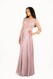 'AISHA' Lace Applique Sleeve Chiffon Empire | Mauve