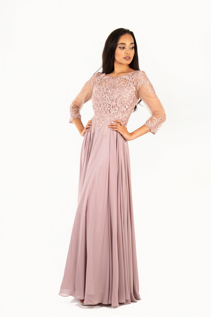 'AISHA' Lace Applique Sleeve Chiffon Empire | Mauve