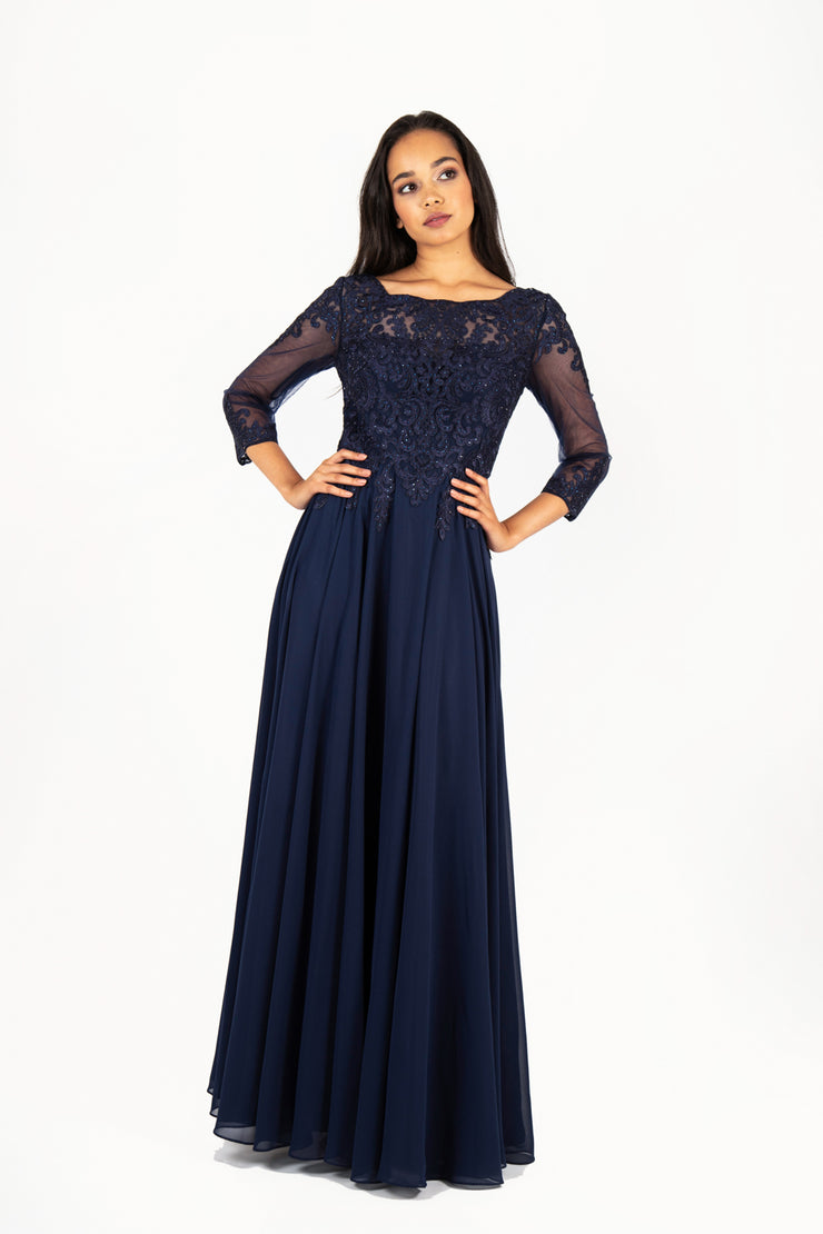 'AISHA' Lace Applique Sleeve Chiffon Empire | Navy