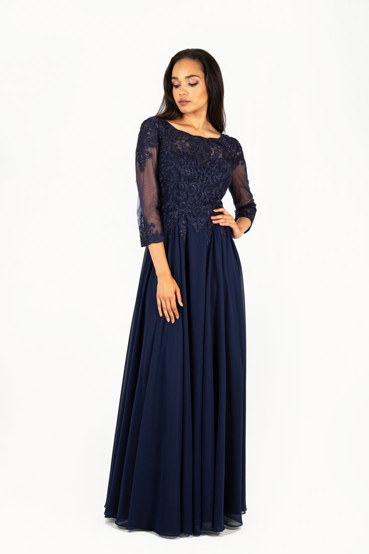 'AISHA' Lace Applique Sleeve Chiffon Empire | Navy