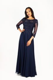 'AISHA' Lace Applique Sleeve Chiffon Empire | Navy