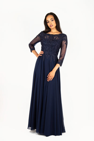 'AISHA' Lace Applique Sleeve Chiffon Empire | Navy