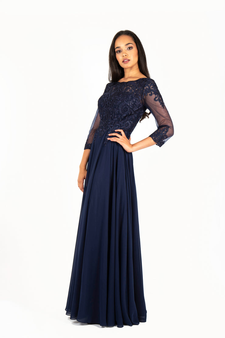 'AISHA' Lace Applique Sleeve Chiffon Empire | Navy