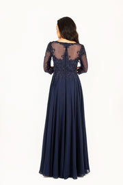 'AISHA' Lace Applique Sleeve Chiffon Empire | Navy