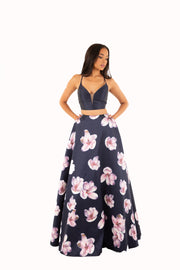 'JOEY' Two-Piece Strap Open Back Satin Aline | Floral/Navy