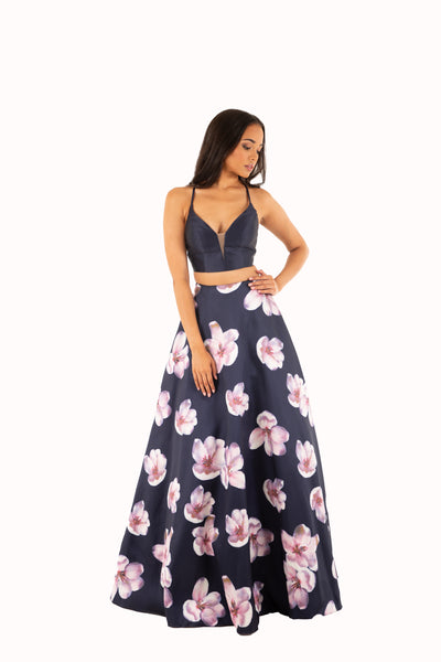 'JOEY' Two-Piece Strap Open Back Satin Aline | Floral/Navy