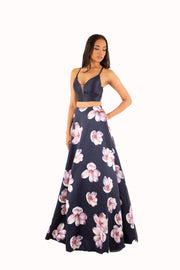 'JOEY' Two-Piece Strap Open Back Satin Aline | Floral/Navy